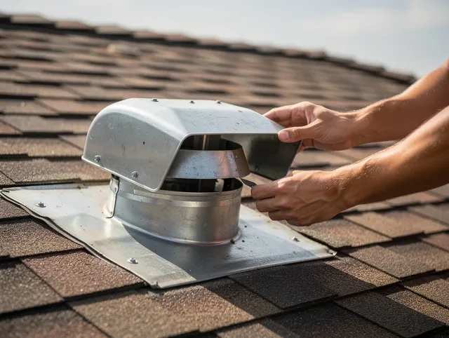 Brookfield Dryer Vent Cleaning certified technician safely cleaning a roof-mounted dryer vent in Brookfield