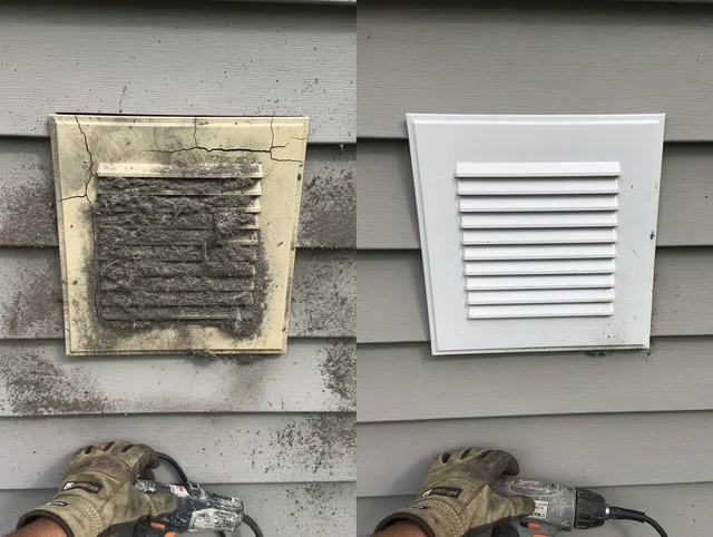Brookfield Dryer Vent Cleaning technician installing high-quality dryer vent cover at a residential property in Brookfield