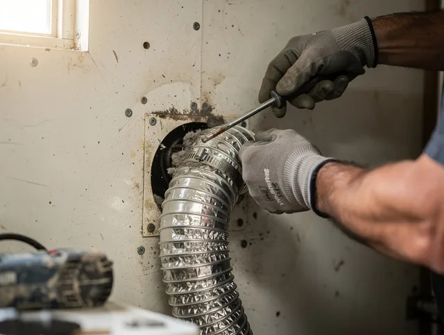 Brookfield Dryer Vent Cleaning technician performing precise dryer vent hose installation in Brookfield
